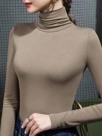 Long Sleeves Plus Size Solid Color Split-Joint High Neck T-Shirts