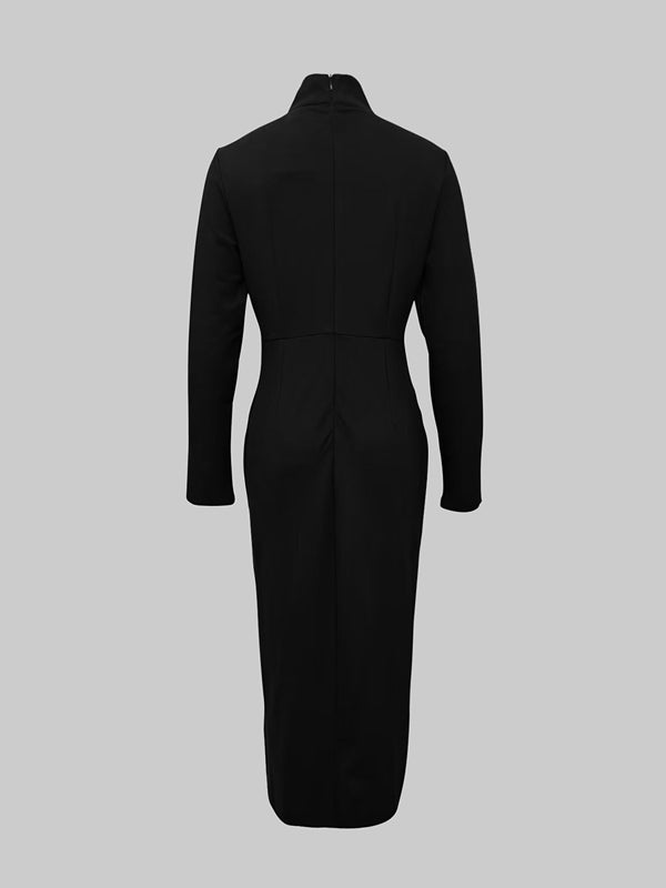 Bodycon Long Sleeves Asymmetric Split-Joint High Neck Maxi Dresses
