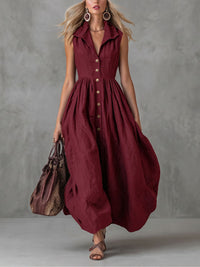 Buttoned Pleated Solid Color High Waisted Loose Lapel Maxi Dresses