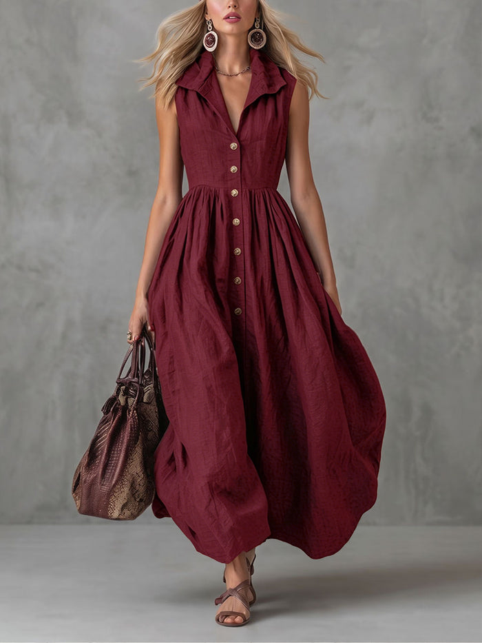 Buttoned Pleated Solid Color High Waisted Loose Lapel Maxi Dresses