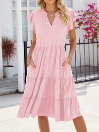 Loose Ruffle Sleeves Pleated Pockets Solid Color Split-Joint V-Neck Midi Dresses