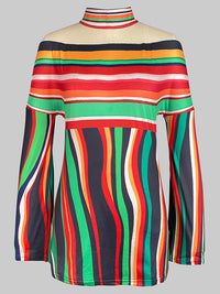 Long Sleeves Loose Contrast Color Striped Halter-Neck T-Shirts Tops