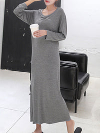 Simple Modal Solid Color Round-Neck Long Sleeves Midi Dress