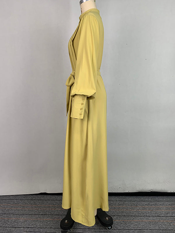 A-Line Long Sleeves Buttoned Pleated Pockets Solid Color Tied Waist V-Neck Maxi Dresses