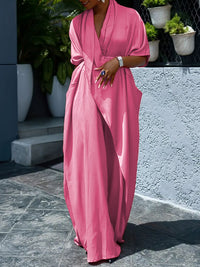 Loose Short Sleeves Asymmetric Pleated Solid Color Split-Joint V-Neck Maxi Dresses Shirt Dress