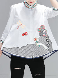 Loose Plus Size Embroidered Figure Stand Collar Blouses&Shirts Tops