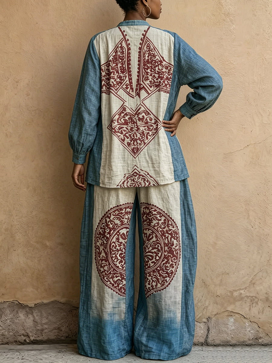 Long Sleeves Loose Buttoned Contrast Color Ethnic Printed Split-Joint Round-Neck Blouses&Shirts Tops