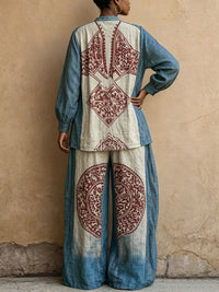 Long Sleeves Loose Buttoned Contrast Color Ethnic Printed Split-Joint Round-Neck Blouses&Shirts Tops