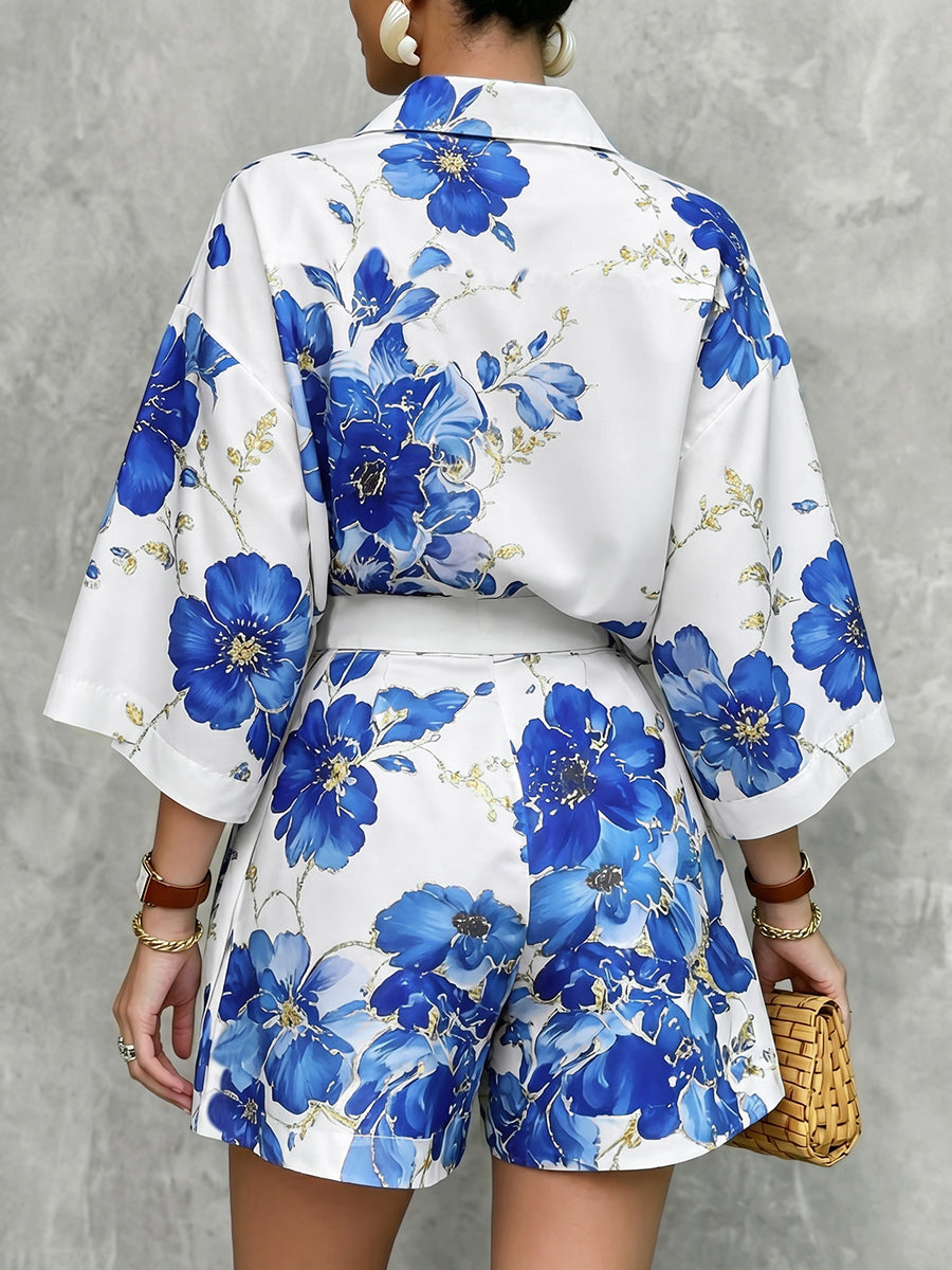 Flower Print Pockets Loose Wide Leg Shorts Bottoms
