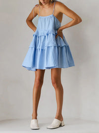 A-Line High Waisted Backless Layered Pleated Solid Color Spaghetti-Neck Mini Dresses