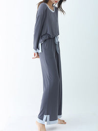 Long Sleeves Loose Contrast Color Round-Neck Two Pieces Pajama Set
