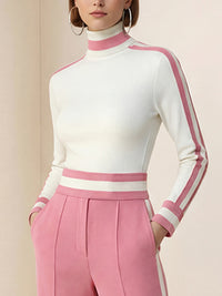 Long Sleeves Skinny Contrast Color Split-Joint Striped High Neck T-Shirts Tops