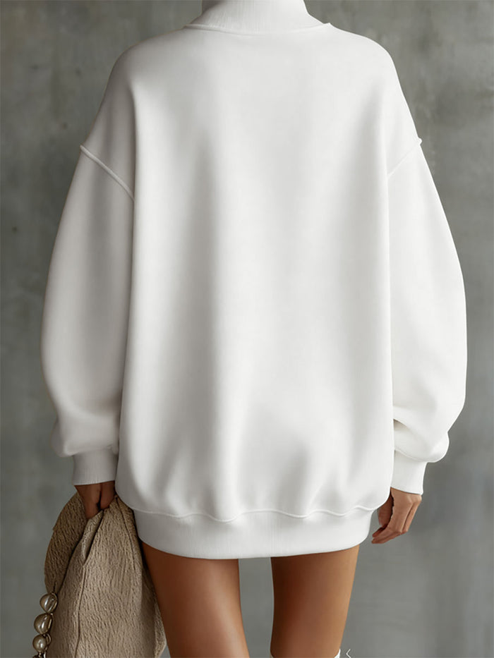 Long Sleeves Loose Buttoned Solid Color Split-Joint High Neck Mini Dresses Sweatershirt