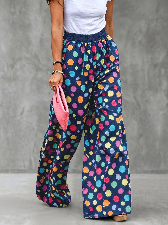 Contrast Color Elasticity Pockets Polka Dot High Waisted Wide Leg Trousers Pants