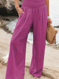 Pleated Pockets Solid Color Split-Joint Elasticated Waist High Waisted Pants