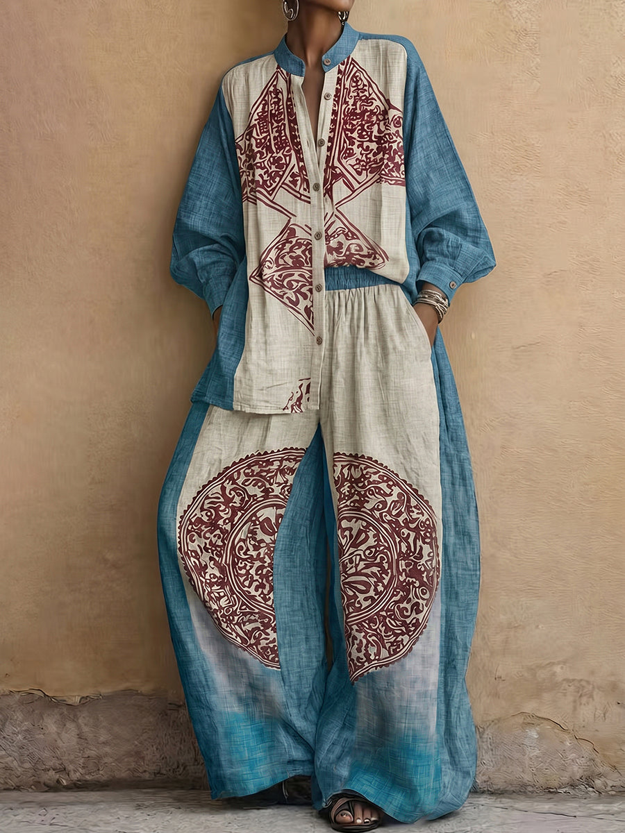 Long Sleeves Loose Buttoned Contrast Color Ethnic Printed Split-Joint Round-Neck Blouses&Shirts Tops