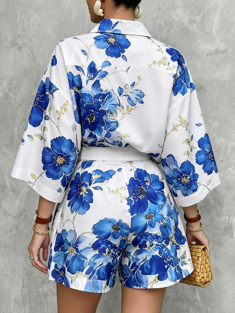 Flower Print Pockets Loose Wide Leg Shorts Bottoms