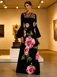 Flared Sleeves Long Sleeves Contrast Color Flower Print Hollow Print Split-Joint Round-Neck Maxi Dresses