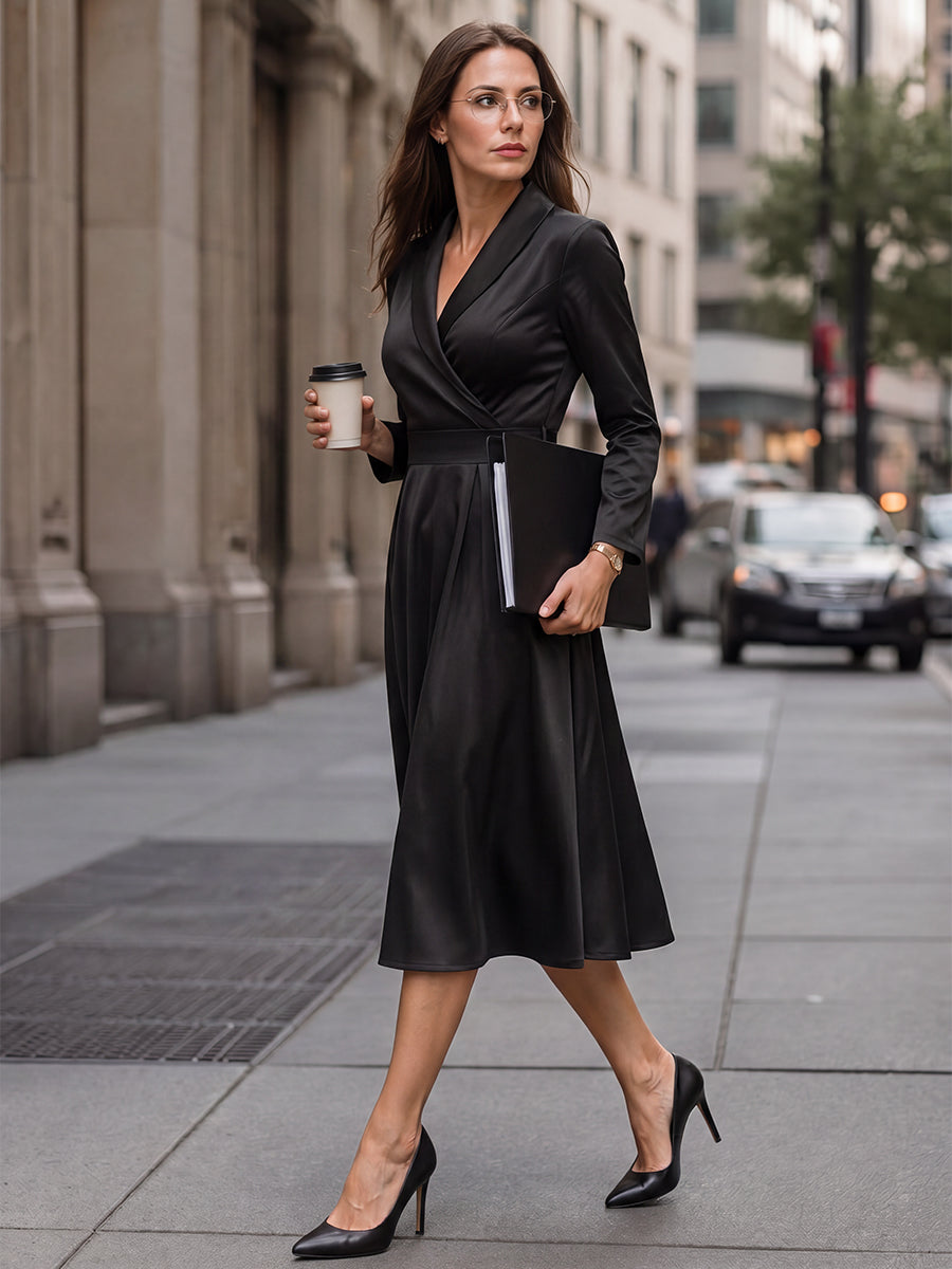 A-Line Three-Quarter Sleeves Pleated Pockets Solid Color V-Neck Midi Dresses