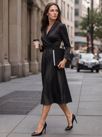 A-Line Three-Quarter Sleeves Pleated Pockets Solid Color V-Neck Midi Dresses