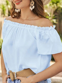 Loose Short Sleeves Elasticity Ruffle Trim Solid Color Off-The-Shoulder Blouses&Shirts Tops