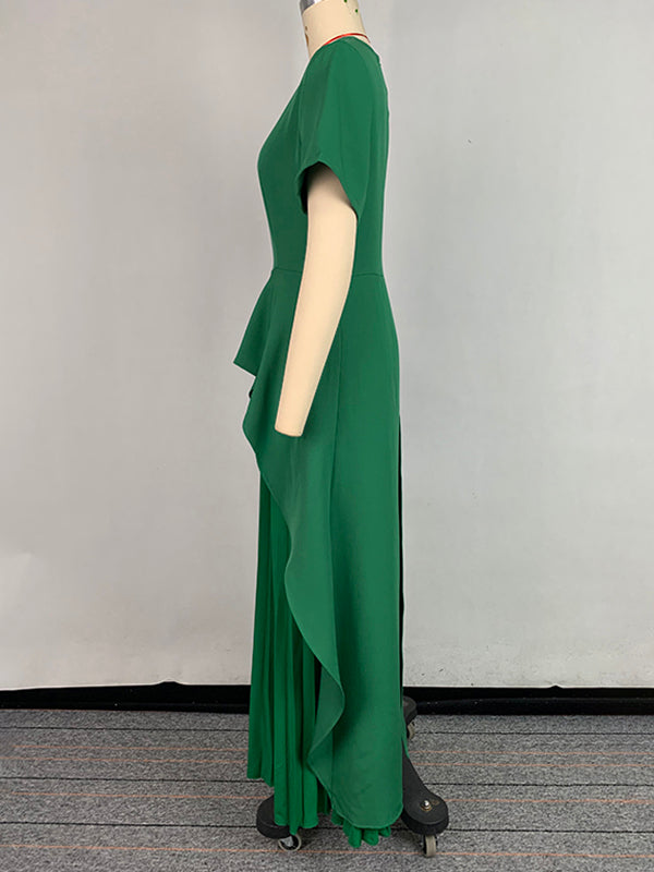 A-Line High Waisted Pleated Solid Color Split-Joint Round-Neck Maxi Dresses