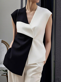 Loose Sleeveless Asymmetric Contrast Color V-Neck Vest Top