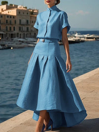 High Waisted High-Low Belted Pleated Solid Color Skirts Bottoms