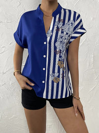 Loose Short Sleeves Buttoned Contrast Color Flower Print Striped V-Neck Blouses&Shirts Tops