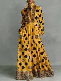 High Waisted Long Sleeves Big Hemline Buttoned Contrast Color Pleated Pockets Polka-Dot Stand Collar Maxi Dresses