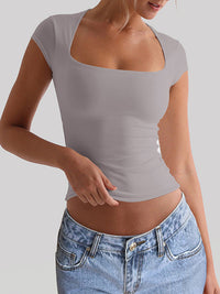 Short Sleeves Skinny Solid Color Square-Neck T-Shirts Tops