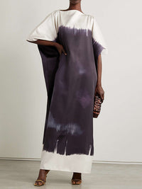 Batwing Sleeves Loose Contrast Color Printed Split-Joint Round-Neck Maxi Dresses
