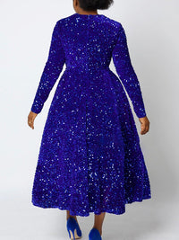 A-Line High Waisted Sequined Split-Joint Zipper Round-Neck Maxi Dresses