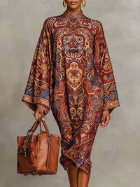 Long Sleeves Loose Contrast Color Printed Mock Neck Midi Dresses