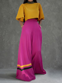 Contrast Color Pleated Cropped Flared Sleeves Stand Collar Blouses&Shirts Tops