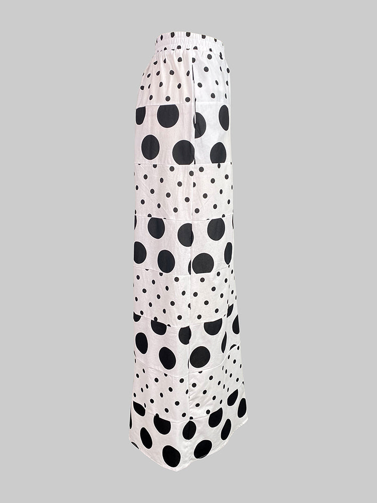 High Waisted Loose Contrast Color Elasticity Pockets Polka-Dot Split-Joint Pants Trousers