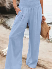 Pleated Pockets Solid Color Split-Joint Elasticated Waist High Waisted Pants