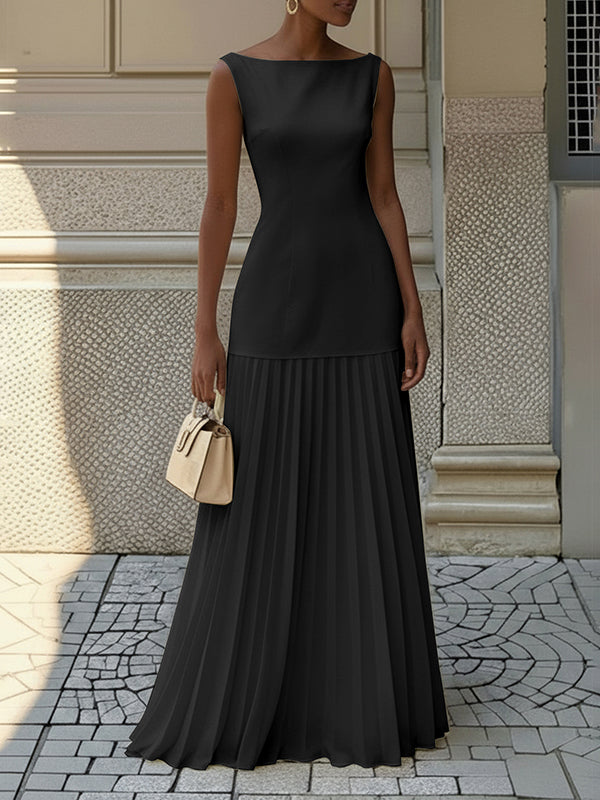 Gauze Pleated Solid Color Split-Joint Sleeveless Boat Neck Maxi Dresses Evening Dresses
