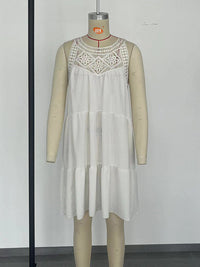 A-Line Loose Hollow Pleated Solid Color Split-Joint Round-Neck Mini Dresses