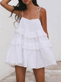 A-Line High Waisted Backless Layered Pleated Solid Color Spaghetti-Neck Mini Dresses