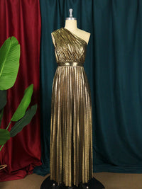 High Waisted Loose Asymmetric Pleated Shiny Solid Color One-shoulder Maxi Dresses