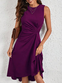 A-Line High Waisted Asymmetric Pleated Solid Color Split-Joint Round-Neck Midi Dresses