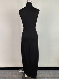 Bodycon Sleeveless Buttoned Solid Color Split-Side High Neck Maxi Dresses
