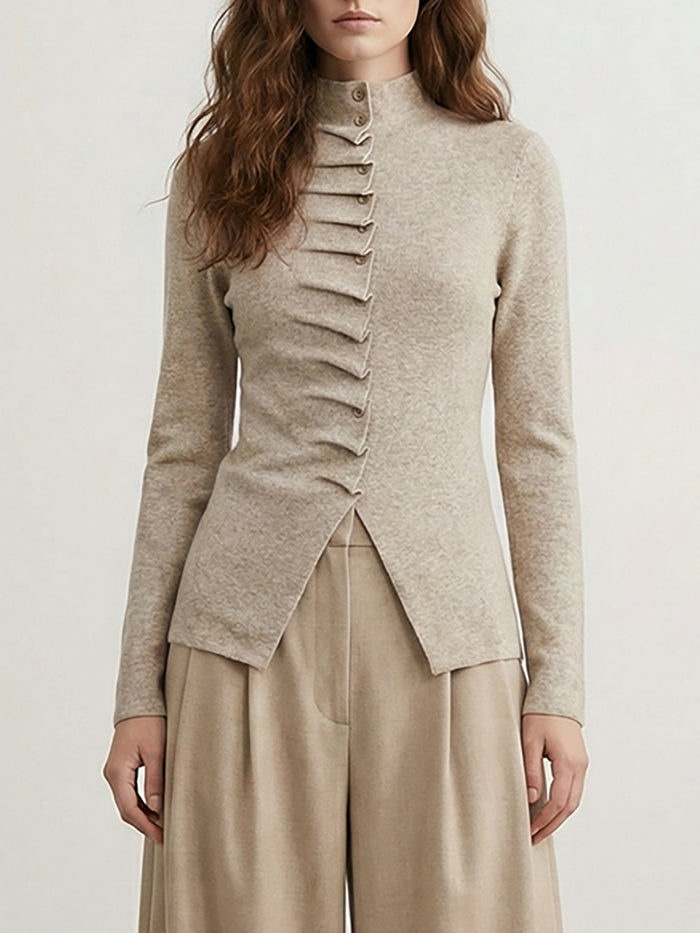 Long Sleeves Pleated Solid Color High Neck Pullovers