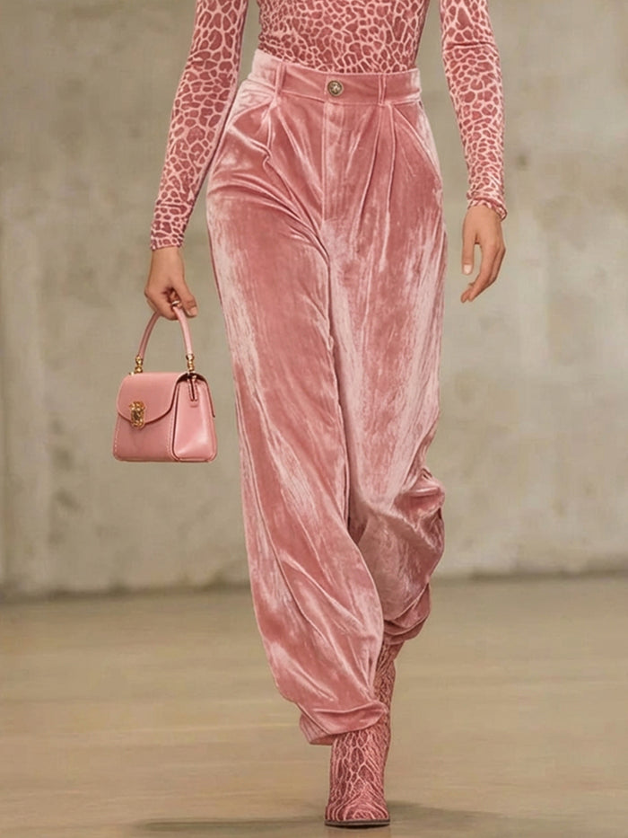 High Waisted Pleated Pockets Solid Color Velvet Pants Trousers