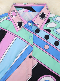 Long Sleeves Buttoned Contrast Color Printed Lapel Blouses&Shirts Tops + Pleated Bodycon Skirts Bottom Two Pieces Set