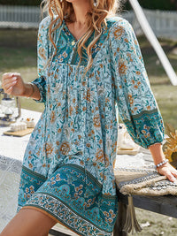 A-Line Loose Contrast Color Flower Print Pleated V-Neck Mini Dresses