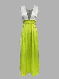 A-Line High Waisted Contrast Color Pleated Zipper Deep V-Neck Maxi Dresses