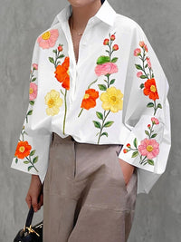 Long Sleeves Loose Buttoned Contrast Color Flower Print Lapel Blouses&Shirts Tops