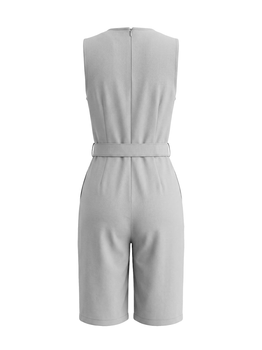 Belted Pockets Solid Color Sleeveless V-Neck Rompers
